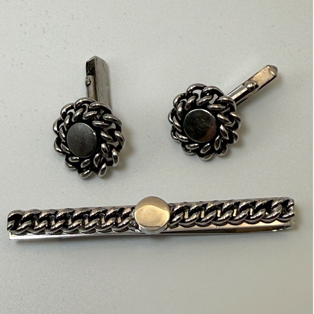 Swank Cufflinks Tie Bar Set OS Silver Curb Chain Vintage Goth Biker Retro